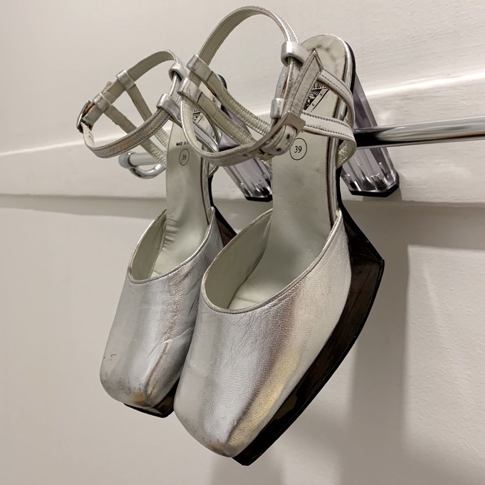 Persuasion Fluevog Silver Lucite Platform Heels